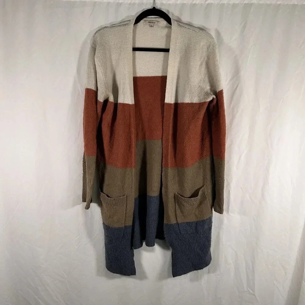Madewell Long Cardigan Women's XS Brown Striped Wool Blend Open Front Sweater